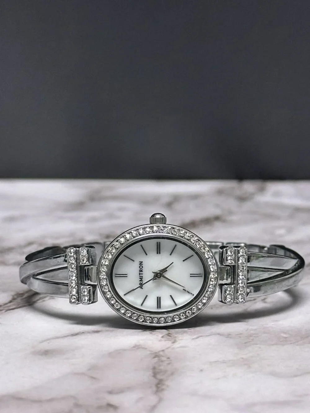 Armitron Watch Women Silver Tone Crystal Bezel Oval Dial New Battery 7 Inch